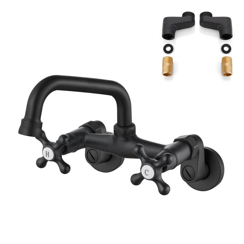 Airuida Matte Black Wall Mount Kitchen Faucet, 6 Inch(15cm) Spout Wall Mount Laundry Sink Faucet, Adjustable Center Double Handles Hot and Cold Water Mixer Tap 360 Rotatable Restaurant Faucet - Image 1